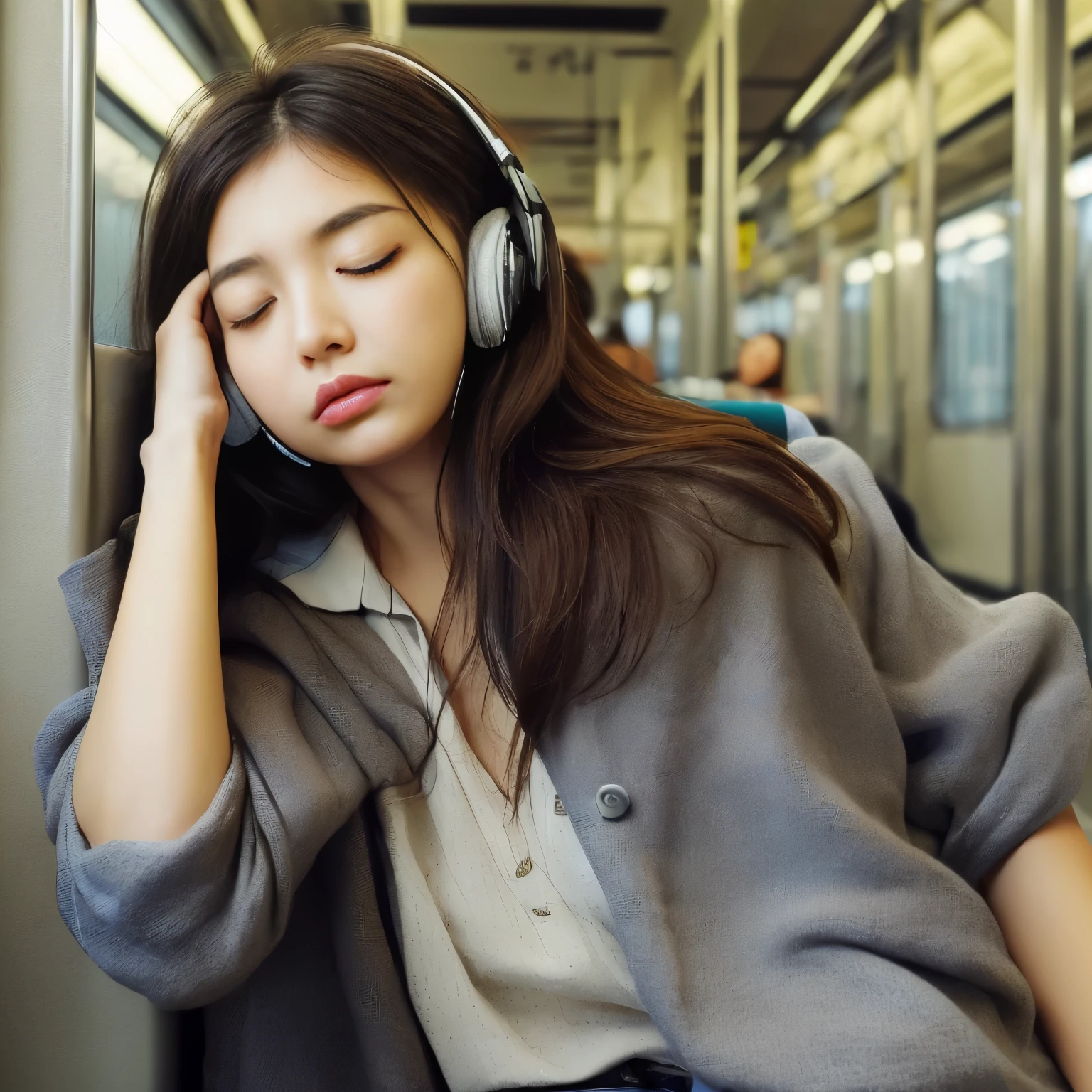 ((realistic lighting、highest quality、8K、masterpiece:1.3))、clear focus:1.2、1 girl、perfect beauty,((dark brown hair、(acceleration:1.4)、narrow side、highly detailed face、detailed eye、double eyelid、fair skin,sleep on a train with headphones on, Listen to the music,at 2 am, on the train,Listen to the music,sleep, woman very tired, ,sleep on a train with headphones on, Listen to the music at 2 am, woman very tired, sleepy, Sleeping,