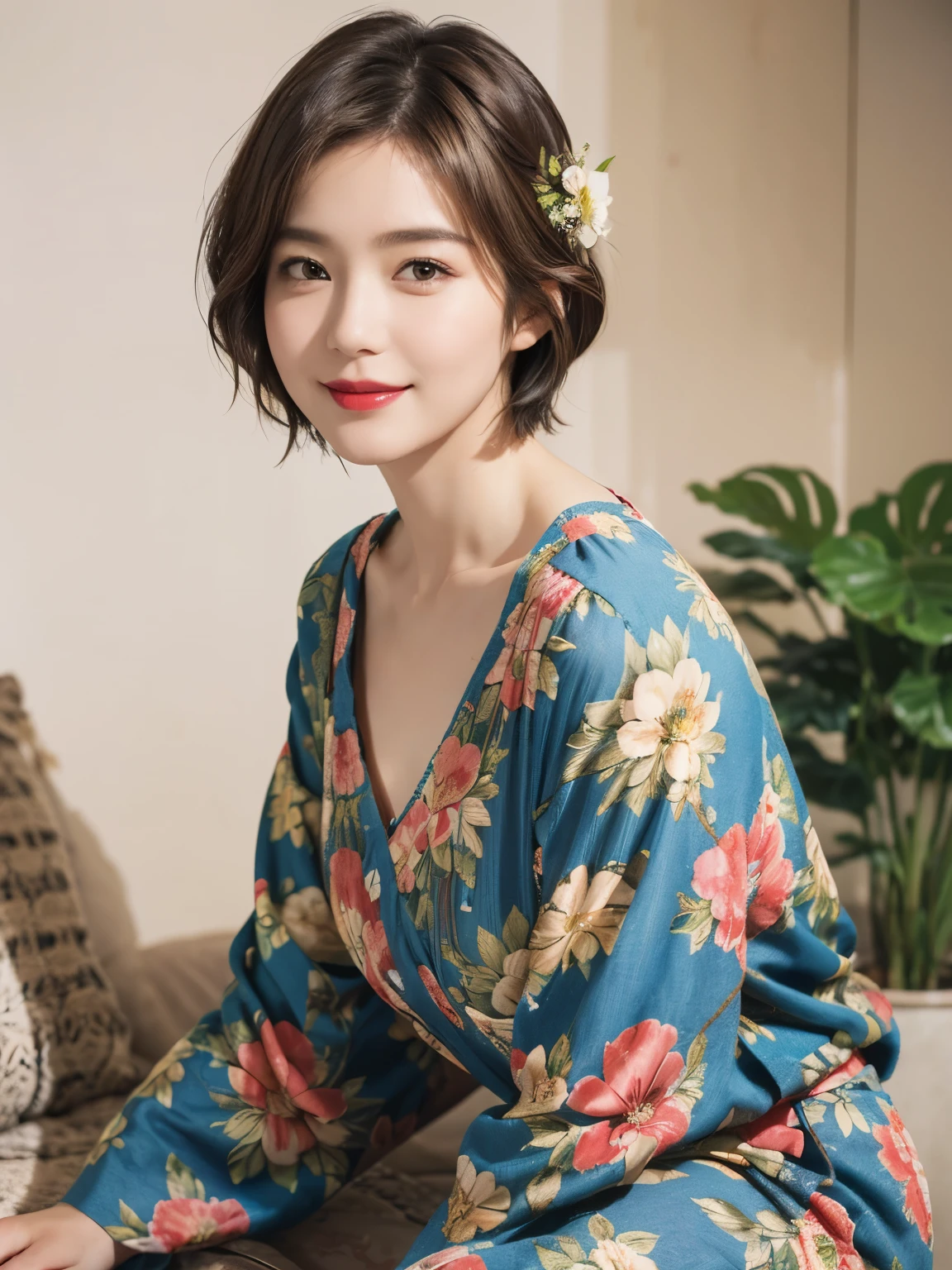 149
(20 year old woman,floral print outfit,pants), (Super realistic), (high resolution), ((beautiful hairstyle 46)), ((short hair:1.46)), (gentle smile), (brest:1.1), (lipstick)
