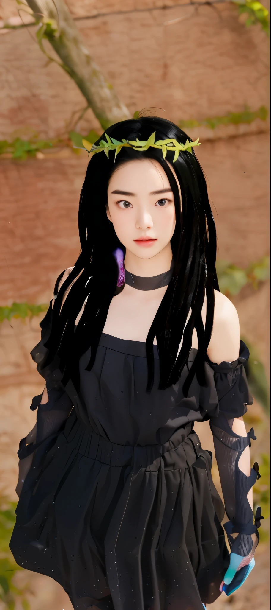 Real life adaption of this character, Korean beauty face, (wear realistic same outfit),wear realistic same hair,There is a headband made from green twigs, realistic background,realistic light, realistic shadow, realism, hyper realistic,(photorealistic 1:2),