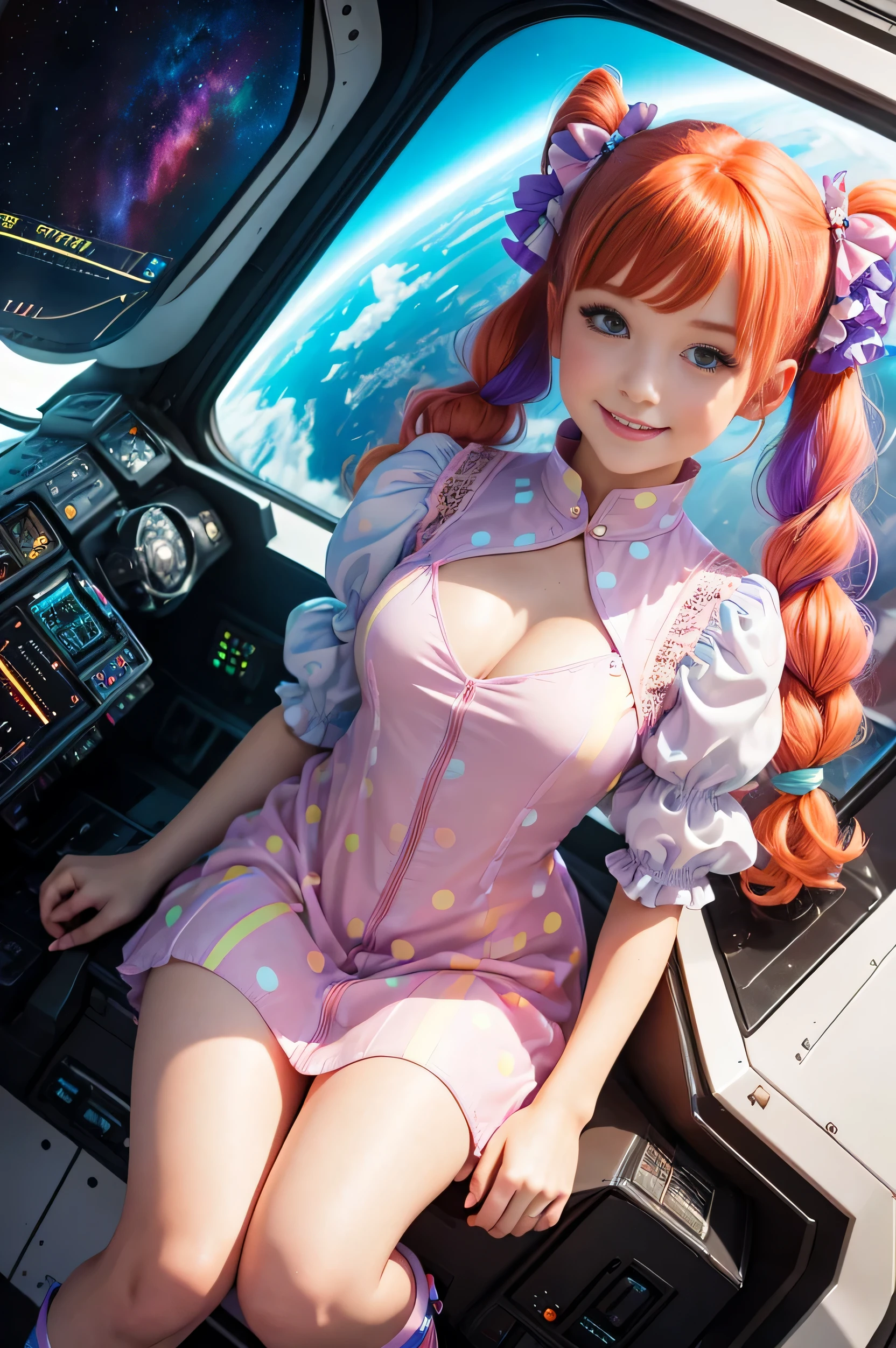 (overhead view) Cute redhead with rainbow colored hair tips, ribbons in her hair, 18-year-old woman, happy, smiling, in twin tails, perfect eyes, clear sparkling blue eyes, pale skin, silky smooth skin, flying a fancy metal luxurious space ship, futuristic cockpit, she's a pilot, outer space seen in windows, dark warm lighting, wearing a futuristic party dress, pleated (chemise) mini dress (pastel rainbow colors, and polka dots), puffy sleeves, silk, pantyhose, cute short cut booties, boots.