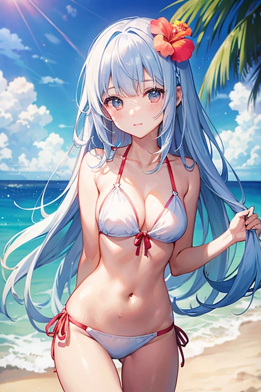 Beautiful girl in bikini、、white bikini、1 hibiscus hair ornament、Ocean、beach、long hair