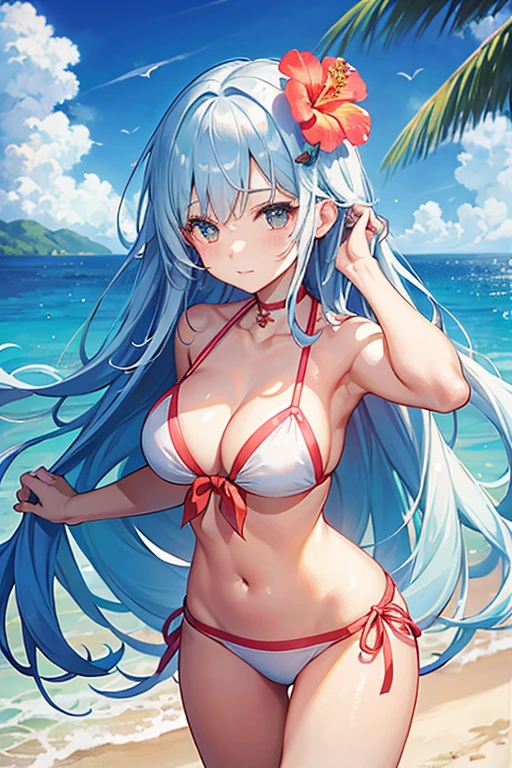 Beautiful girl in bikini、、white bikini、1 hibiscus hair ornament、Ocean、beach、long hair
