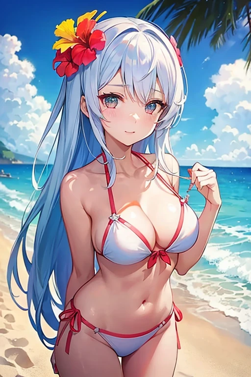 Beautiful girl in bikini、、white bikini、1 hibiscus hair ornament、Ocean、beach、long hair