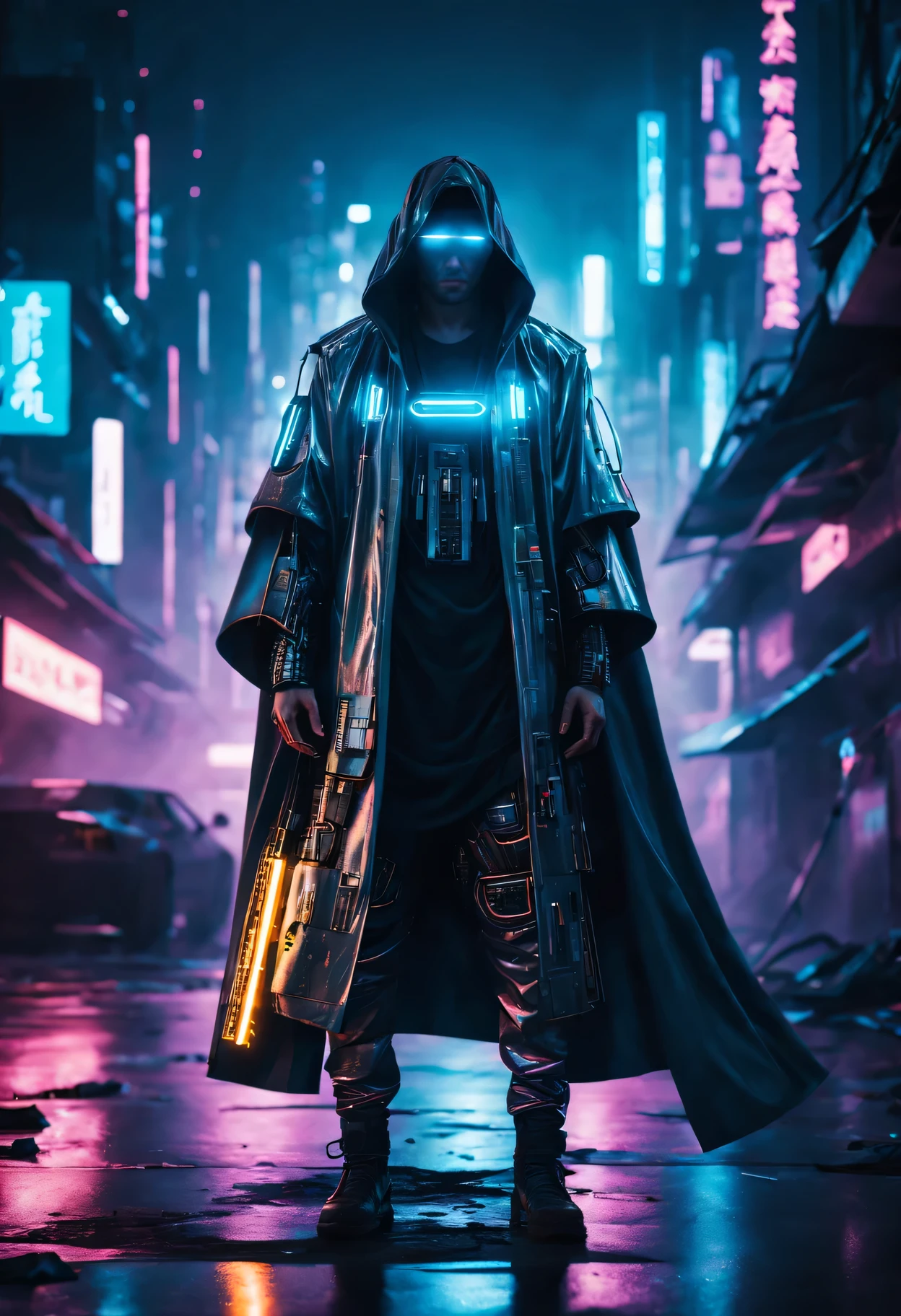 (best quality:1.3), (Best performance:1.2), (Best Illustration:1.2), (comic style:1.2), (art film lighting:1.2) (1 person) Wearing a future technology cyberpunk electronic robe, His body was covered with metal parts, In the terrifying environment of the future cyberpunk city.