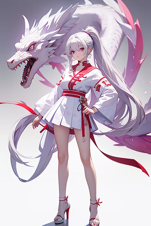 martina,purple eyes, white hair, very long hair, ponytail, Hair ring, collar, O-ring top, white high heels。Standing posture，for the audience。full body picture，Red and white clothes，short skirt，Surrounded by a small Chinese white dragon，