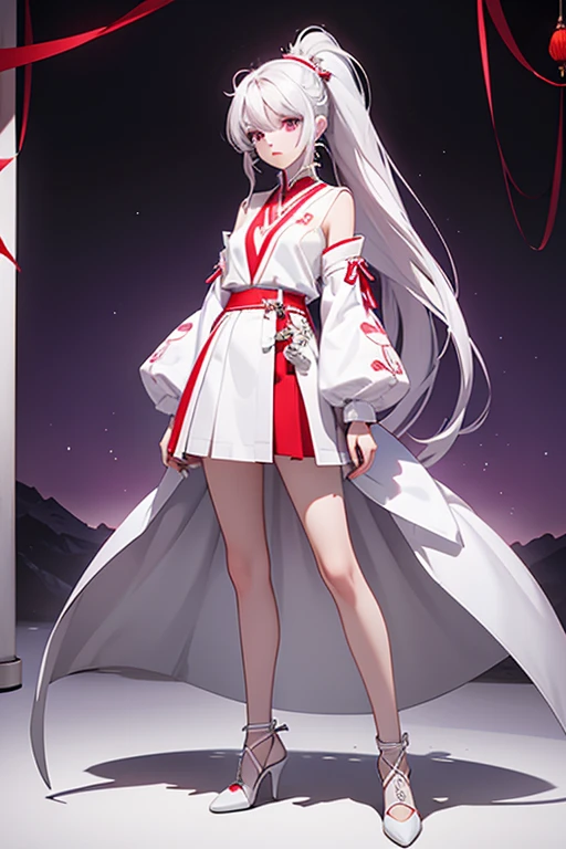 martina,purple eyes, white hair, very long hair, ponytail, Hair ring, collar, O-ring top, white high heels。Standing posture,for the audience。full body picture,Red and white clothes,short skirt,Surrounded by a small Chinese white dragon,
