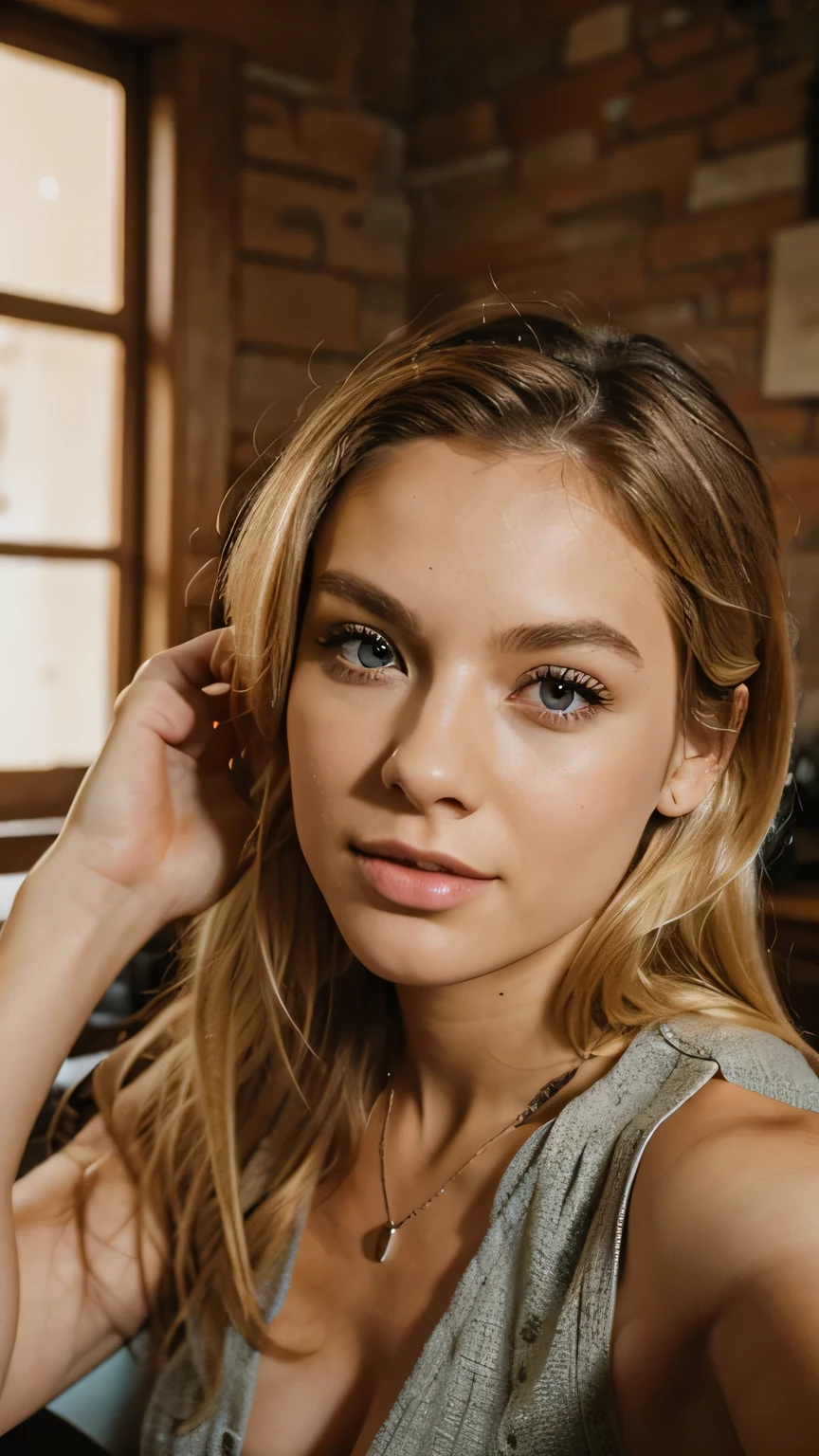 Interior selfie of a blond woman, taken on a phone with a high quality camera