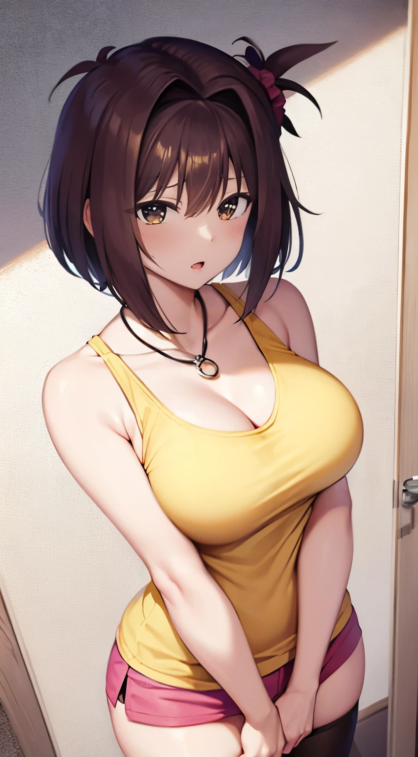 Highest image quality、cute face 、sexy cleavage、Yellow tank top、pink mini skirt、Big breasts that are about to burst、short hair、brown hair、ring necklace、bedroom、Sweaty body、vulgar、vapor