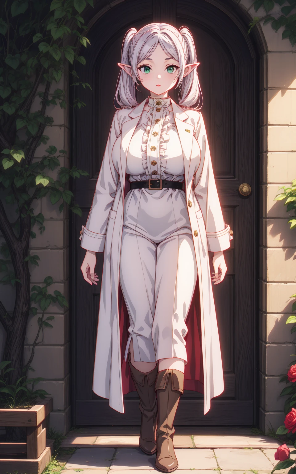 anime female character in white outfit with white coat,
BREAK
, elf, white hair, grey hair, earrings, pointy ears, long hair, ponytail, green eyes, twintails, parted bangs, thick eyebrows, (Beautiful,Huge_Breasts:1.3), milf,
BREAK
, 1girl, solo, Standing in the garden, full body, full figure,
BREAK
, A breathtakingly beautiful garden filled with vibrant flowers, lush green plants, and a crystal-clear pond. The air is filled with the sweet scent of blooming flowers, and rays of golden sunlight gently filter through the leaves, creating a magical atmosphere, 
BREAK
, white outfit with white coat, green boots, brown footwear
BREAK
, beautiful detailed eyes, beautiful detailed lips, extremely detailed eyes and face, long eyelashes,
BREAK
, medium: oil painting, atmospheric lighting, dreamy color palette, detailed interior decoration, quiet and peaceful ambiance,
BREAK
, (best quality,4k,8k,highres,masterpiece:1.2), ultra-detailed,