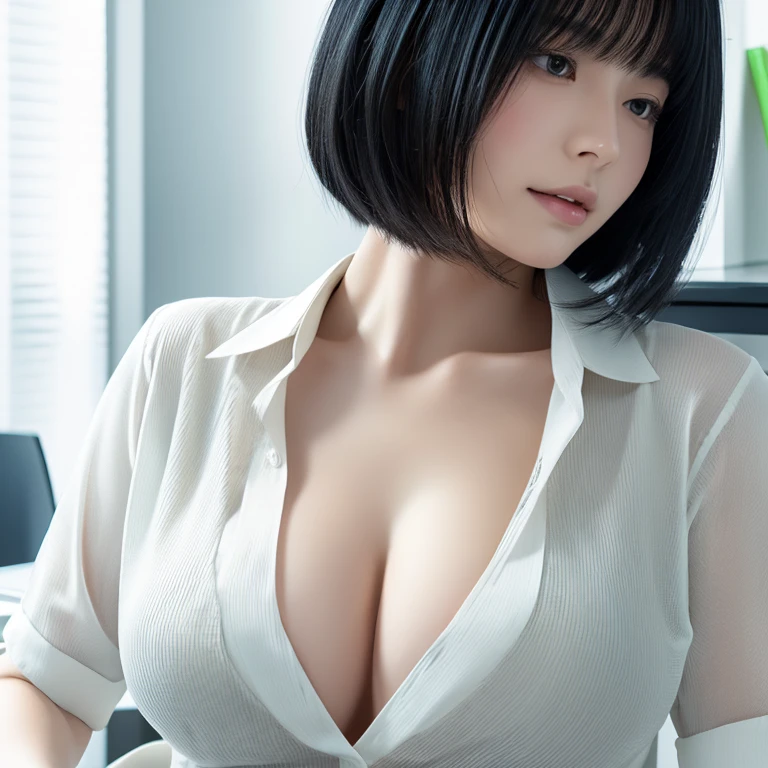 black hair, Surrealism, 8k, super detail, textured skin、Realistic skin, high quality, detailed drawing, very large , cute Japanese woman, cleavage emphasized, veiny skin, white shirt unbuttoned at chest, reading in office