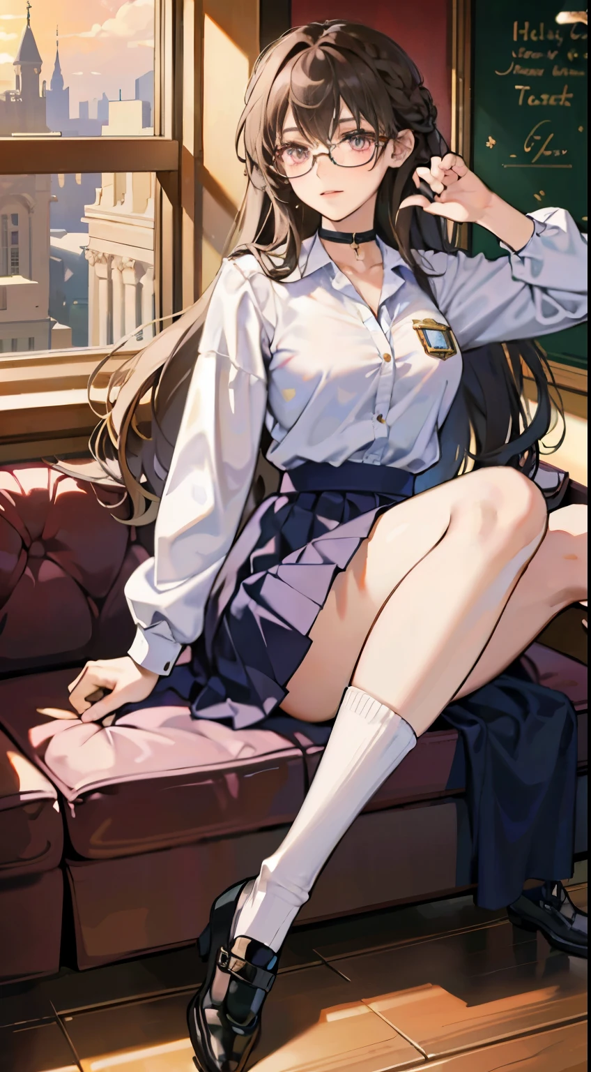 Beautiful italian woman, ((best quality)), ((masterpiece)), ( extreme detailed, highest detailed, official art, beautiful and aesthetic:1.2) school uniform, ((((skirt)))), choker, big breast, medium body potrait, thighhighs socks, school shoes, absurdly long hair, hair between eyes, light brown hair, pink eyes, (((glasses))),