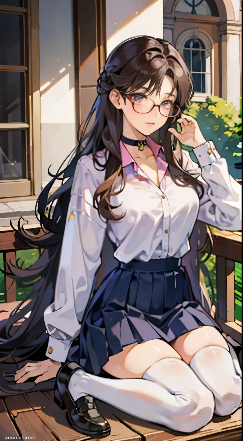 Beautiful italian woman, ((best quality)), ((masterpiece)), ( extreme detailed, highest detailed, official art, beautiful and aesthetic:1.2) school uniform, ((((skirt)))), choker, big breast, medium body potrait, thighhighs socks, school shoes, absurdly long hair, hair between eyes, light brown hair, pink eyes, (((glasses))),