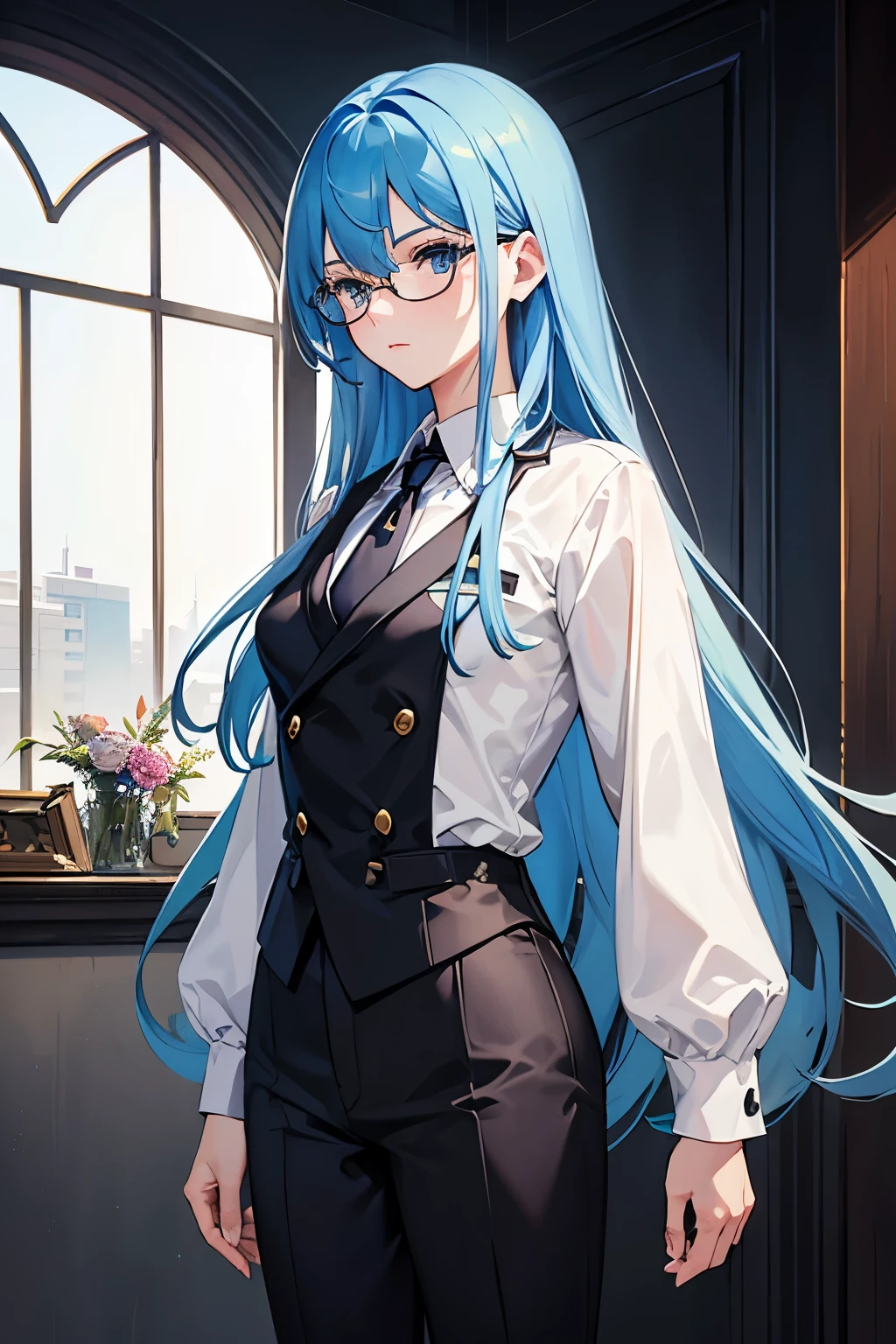 best quality, intricate details, Color difference, 1 girl, long hair, Bluish blue hair, blue eyes, blue eyes, Gentle gaze, wearing suit shirt,Wearing Western-style trousers,Wearing black square glasses