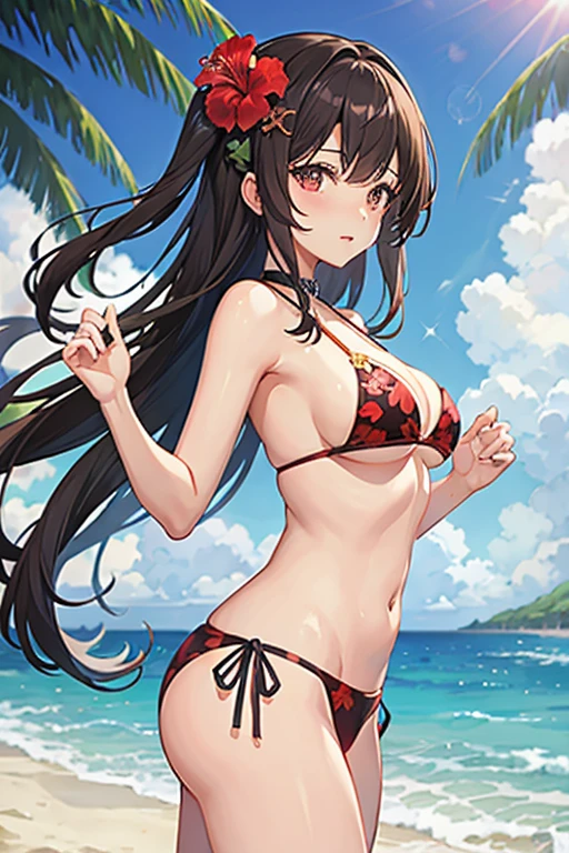 Beautiful girl in bikini、17 years old、1 hibiscus hair ornament、Ocean、beach、long dark brown hair、medium breasts