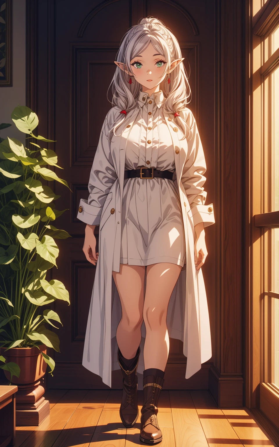 anime female character in white outfit with white coat,
BREAK
, elf, white hair, grey hair, earrings, pointy ears, long hair, ponytail, green eyes, twintails, parted bangs, thick eyebrows, (Beautiful,Huge_Breasts:1.3), milf,
BREAK
, 1girl, solo, Standing in the garden, full body, full figure,
BREAK
, A breathtakingly beautiful garden filled with vibrant flowers, lush green plants, and a crystal-clear pond. The air is filled with the sweet scent of blooming flowers, and rays of golden sunlight gently filter through the leaves, creating a magical atmosphere,
BREAK
, white outfit with white coat, green boots, brown footwear
BREAK
, beautiful detailed eyes, beautiful detailed lips, extremely detailed eyes and face, long eyelashes,
BREAK
, medium: oil painting, atmospheric lighting, dreamy color palette, detailed interior decoration, quiet and peaceful ambiance,
BREAK
, (best quality,4k,8k,highres,masterpiece:1.2), ultra-detailed,