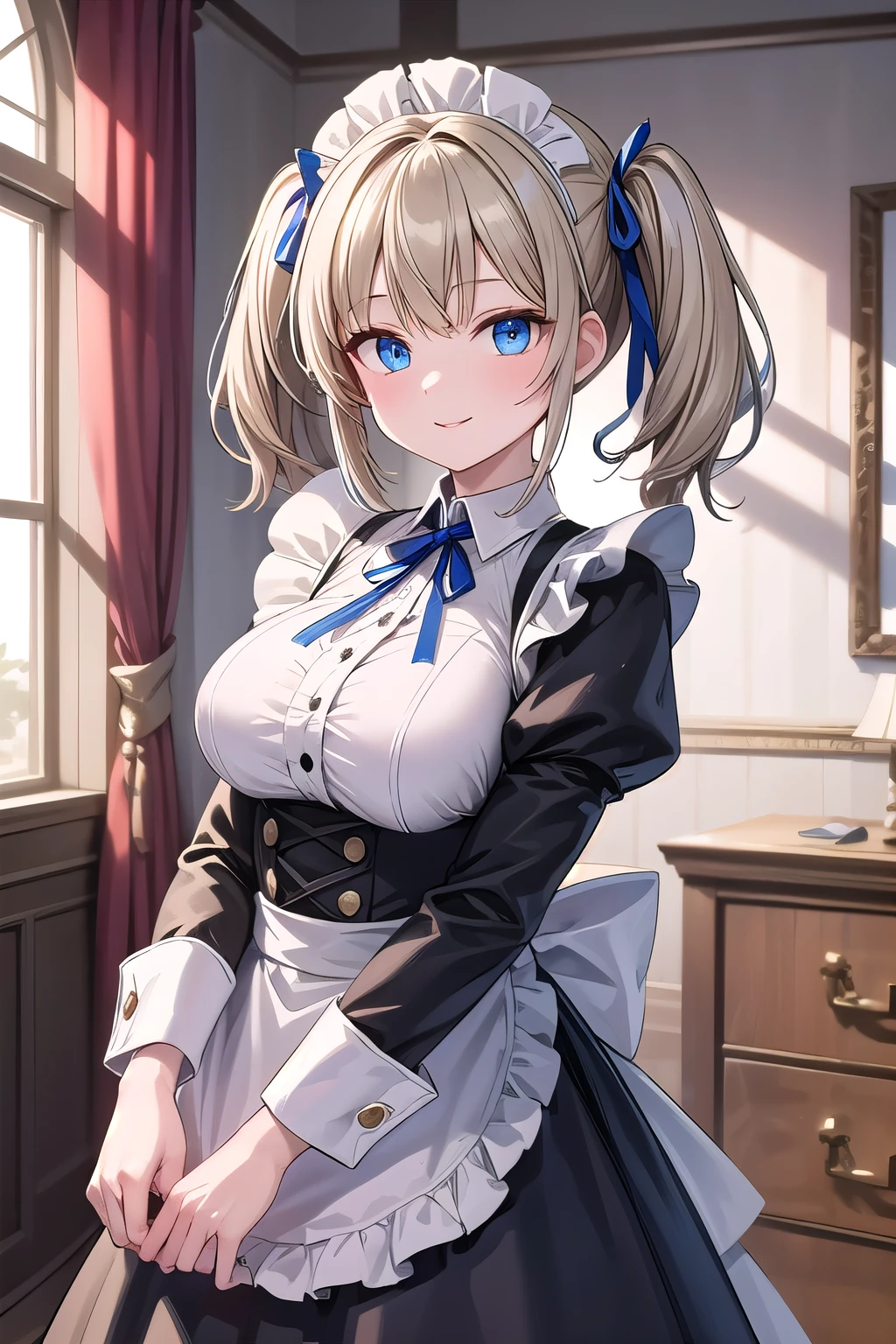 solo girl,20 years old, medium hair,twintail hair,blue ribbon,looking at viewer,dark blonde hair, blue eyes, large breast,happy,maid costume,long sleeves,indoors,western style mansion,Best Quality, High resolution, Extremely detailed, Detailed background, Perfect Lighting
