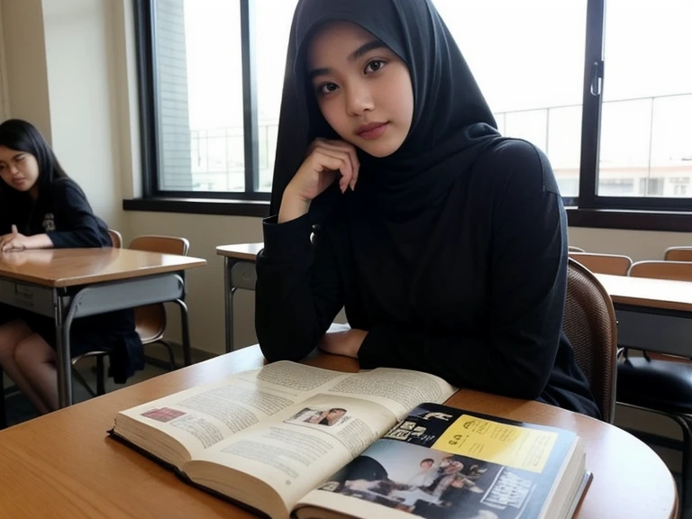 20 yo Malay girl with long black hijab in class，The money in his hand crawled on the table and fell asleep，At the same table sat an malay boy with short black hair，Two high school students placed a stack of books in front of them，If it's a teacher，Sit in a window seat，The sun is shining outside the window