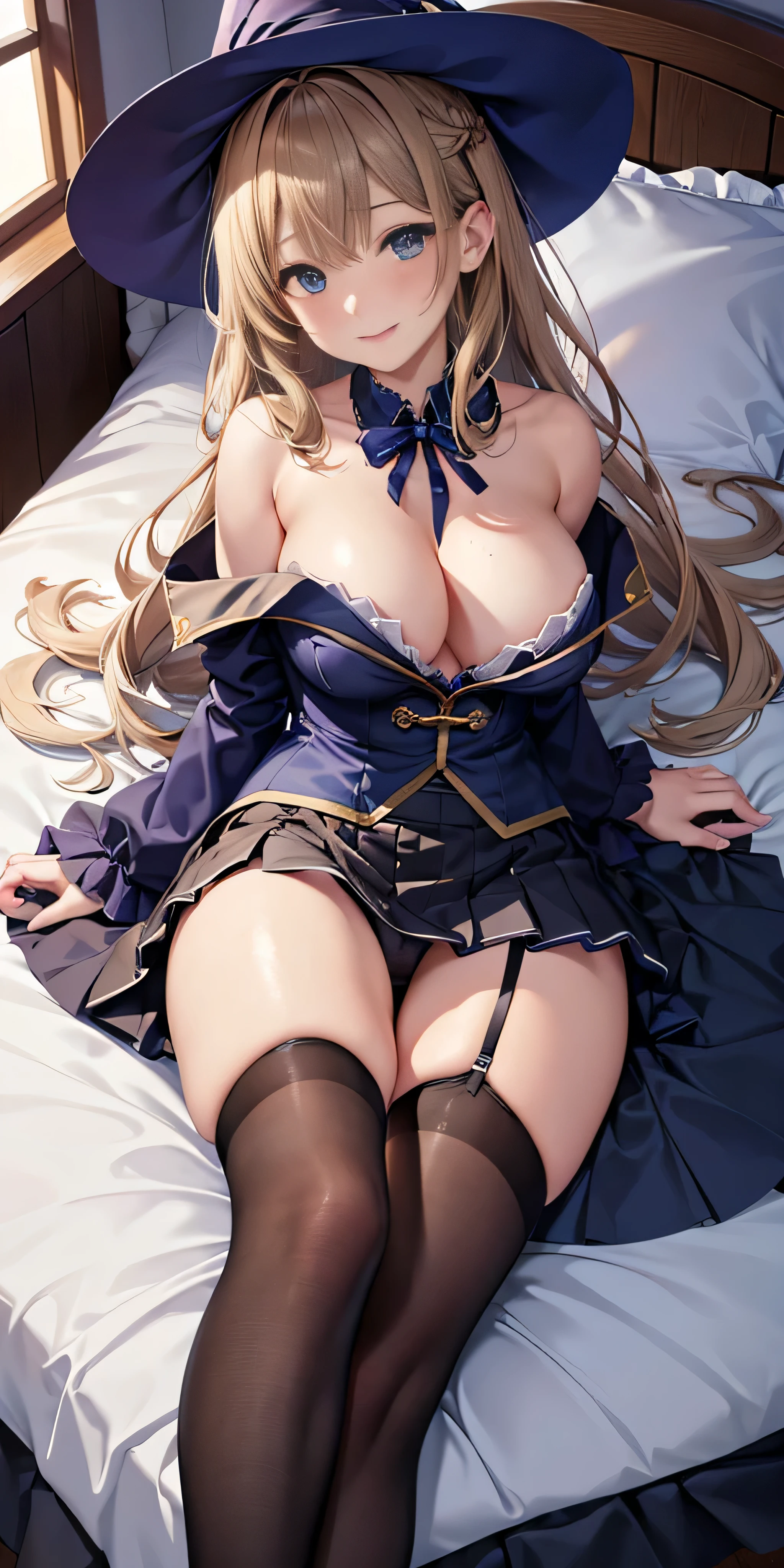 debris flies, highest quality, Highly detailed CG Unity 8K wallpaper, sexy witch , Long length hair、Dark blonde wavy hair、off shoulder knit, dark blue pleated skirt, stockings、medium breasts, saggy breasts, Pose that emphasizes the chest, blush, shy smile, bare shoulders, (((lift up the skirt with both hands、open your legs wide、please open your knees)))、、nice magic book、church bed、lying in bed、、light blue panties、light blue bra