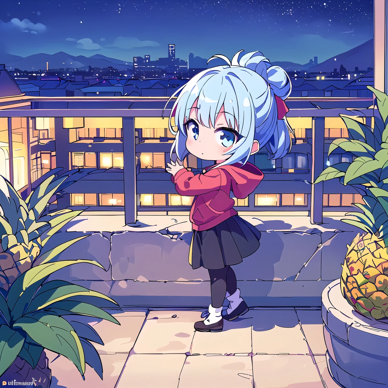 (Chibi, Pineapple, 1 girl: 1.5), (Masterpiece, almond-shaped eyes, glossy white-blue hair, short chignon hair, top quality, carefully drawn fingertips, beautiful anatomy, from side,full body: 1.4), (Tasteful colored pencil hand-drawn picture: 1.3), (Red cheeks, indifferent, expressionless, hair waving in the wind: 1.2), (Slim and warm clothes, warm hood, baggy clothes,celebrity lifestyle , long skirt, black tights: 1.2), (Elegant holy night: 1.3), (Large balcony,houseplants, leaning on elbows and looking at the scenery,pineapple building,Ultra-luxury live view: 1.3)