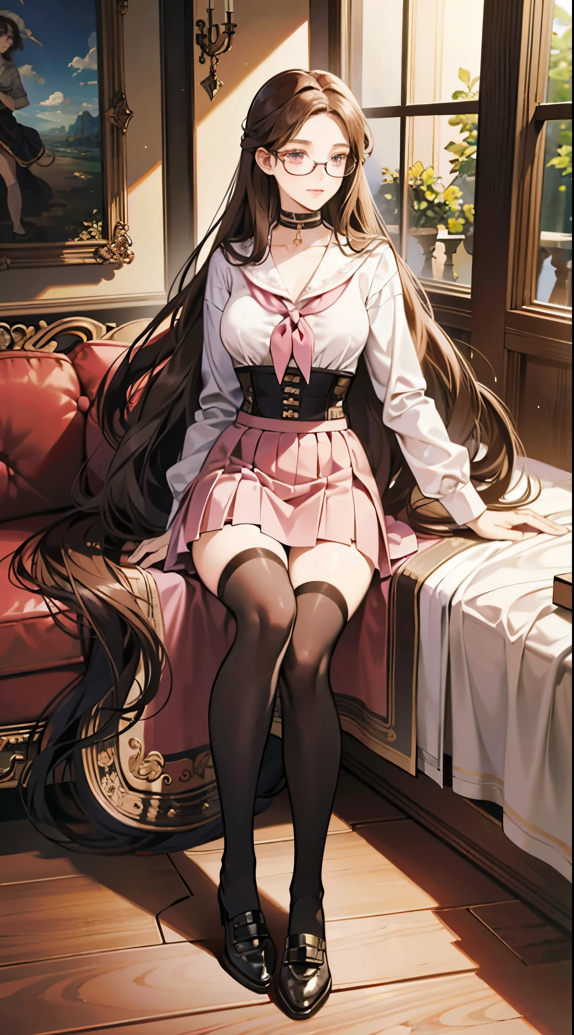 Beautiful italian woman, ((best quality)), ((masterpiece)), ( extreme detailed, highest detailed, official art, beautiful and aesthetic:1.2) school uniform, ((((skirt)))), choker, big breast, medium body potrait, thighhighs socks, school shoes, absurdly long hair, hair between eyes, light brown hair, pink eyes, (((glasses))),