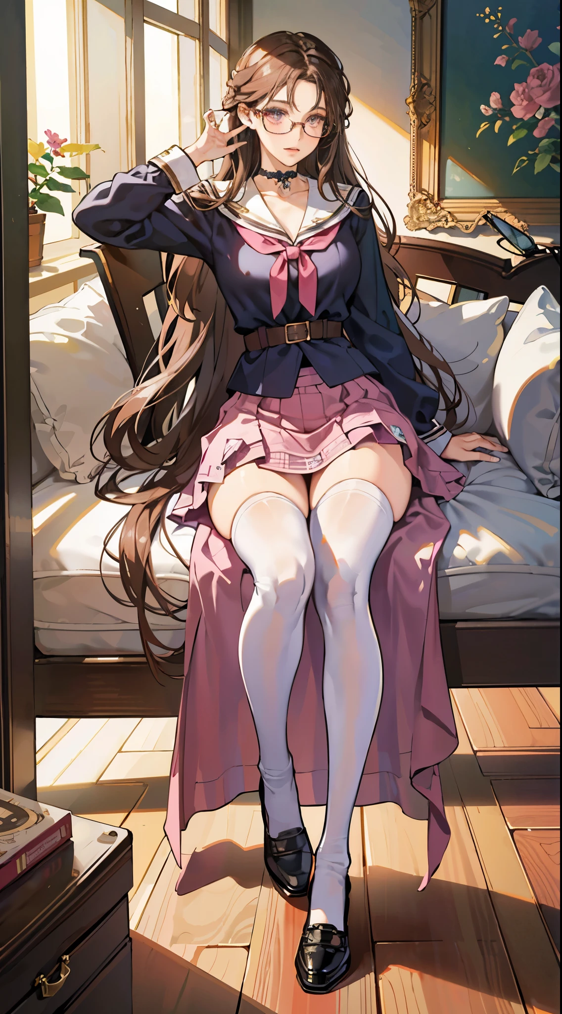 Beautiful italian woman, ((best quality)), ((masterpiece)), ( extreme detailed, highest detailed, official art, beautiful and aesthetic:1.2) school uniform, ((((skirt)))), choker, big breast, medium body potrait, thighhighs socks, school shoes, absurdly long hair, hair between eyes, light brown hair, pink eyes, (((glasses))),