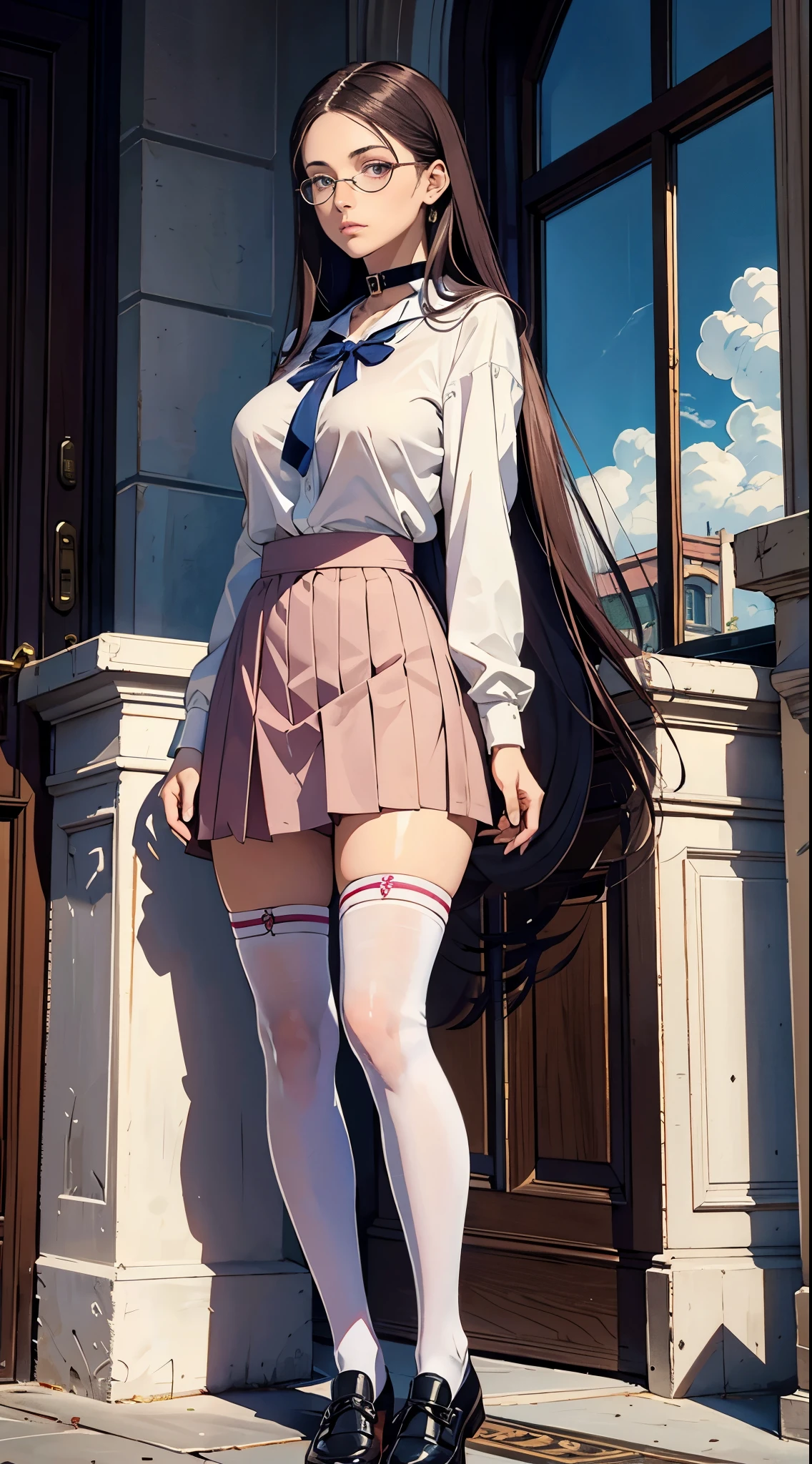 Beautiful italian woman, ((best quality)), ((masterpiece)), ( extreme detailed, highest detailed, official art, beautiful and aesthetic:1.2)  school uniform, ((((skirt)))), choker, big breast, medium body potrait, thighhighs socks, school shoes, absurdly long hair, hair between eyes, light brown hair, pink eyes, (((glasses))),
