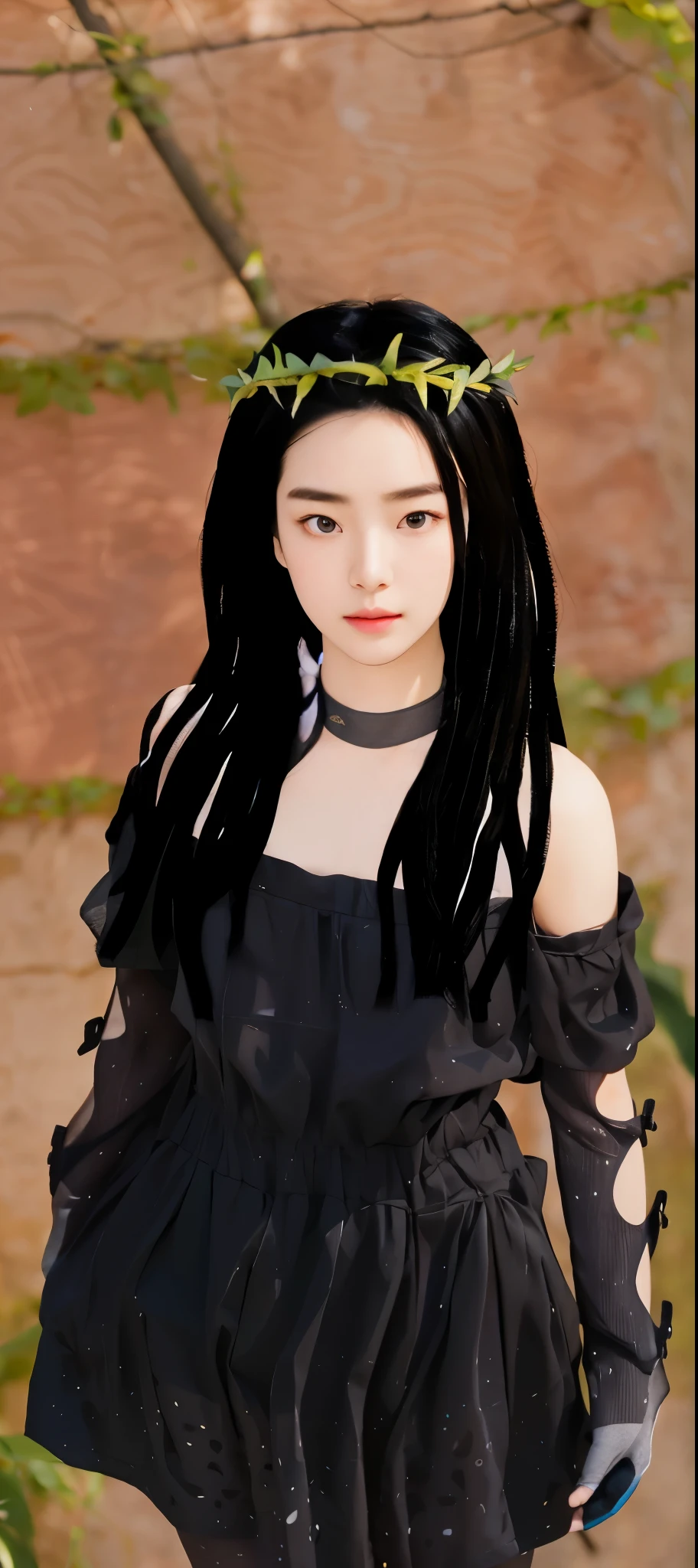 Real life adaption of this character, teen Korean beauty face, (wear realistic same outfit),wear realistic same hair,There is a headband made from green twigs, realistic background,realistic light, realistic shadow, realism, hyper realistic,(photorealistic 1:2),