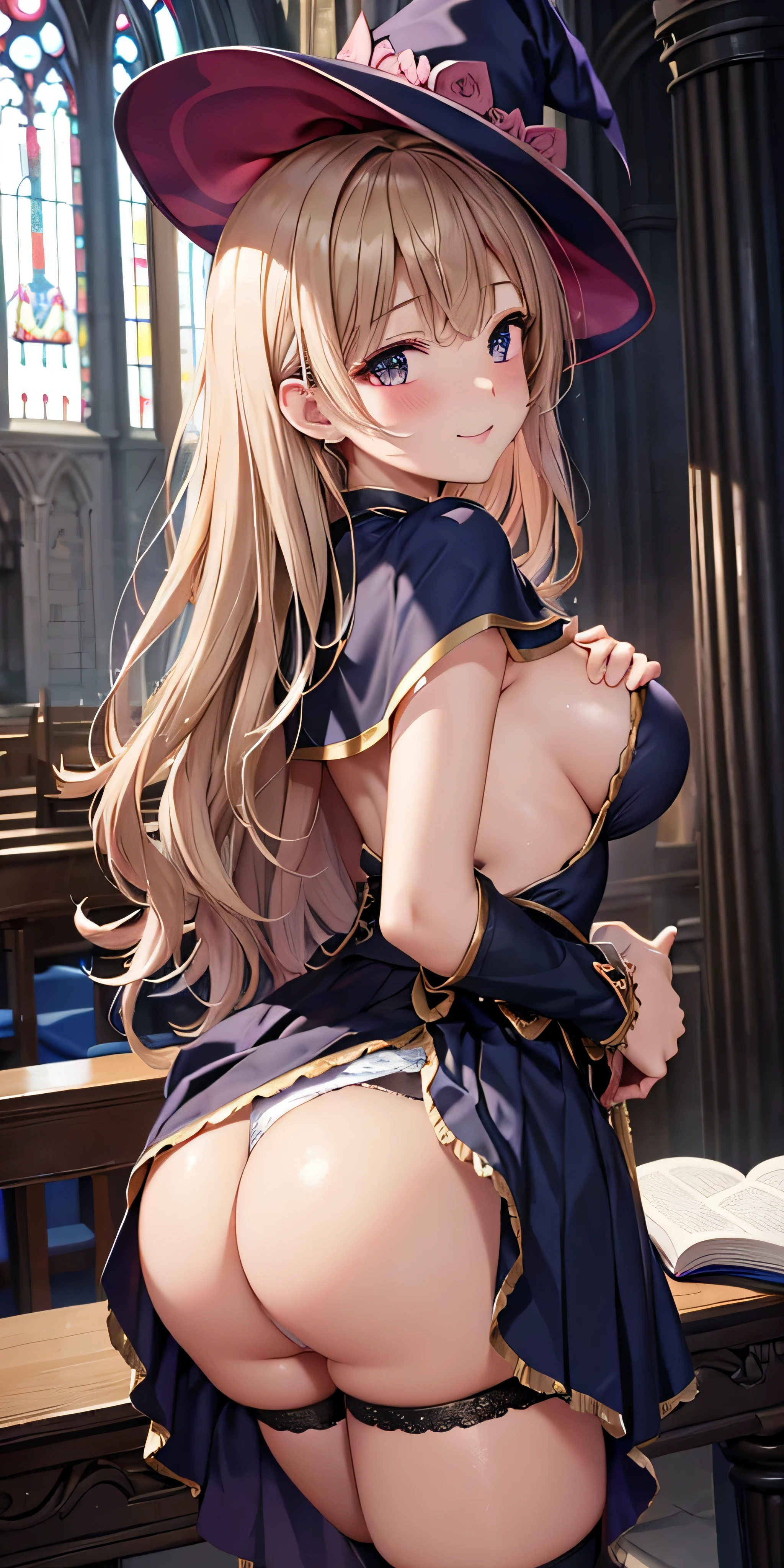 debris flies, highest quality, Highly detailed CG Unity 8K wallpaper, sexy witch , long dark blonde wavy hair、off shoulder knit, dark blue pleated skirt, stockings、medium breasts, saggy breasts, Pose that emphasizes the chest, blush, shy smile, bare shoulders, (pink lace panties、pink good、open your legs wide）、、nice magic book、Cathedral of the Church、Put your hand on the pillar and turn around、stick out your butt、、