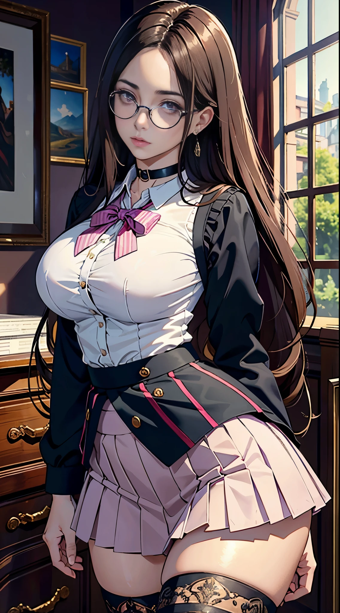 Beautiful italian woman, ((best quality)), ((masterpiece)), ( extreme detailed, highest detailed, official art, beautiful and aesthetic:1.2) school uniform, ((((skirt)))), choker, big breast, medium body potrait, thighhighs socks, school shoes, absurdly long hair, hair between eyes, light brown hair, pink eyes, (((glasses))),