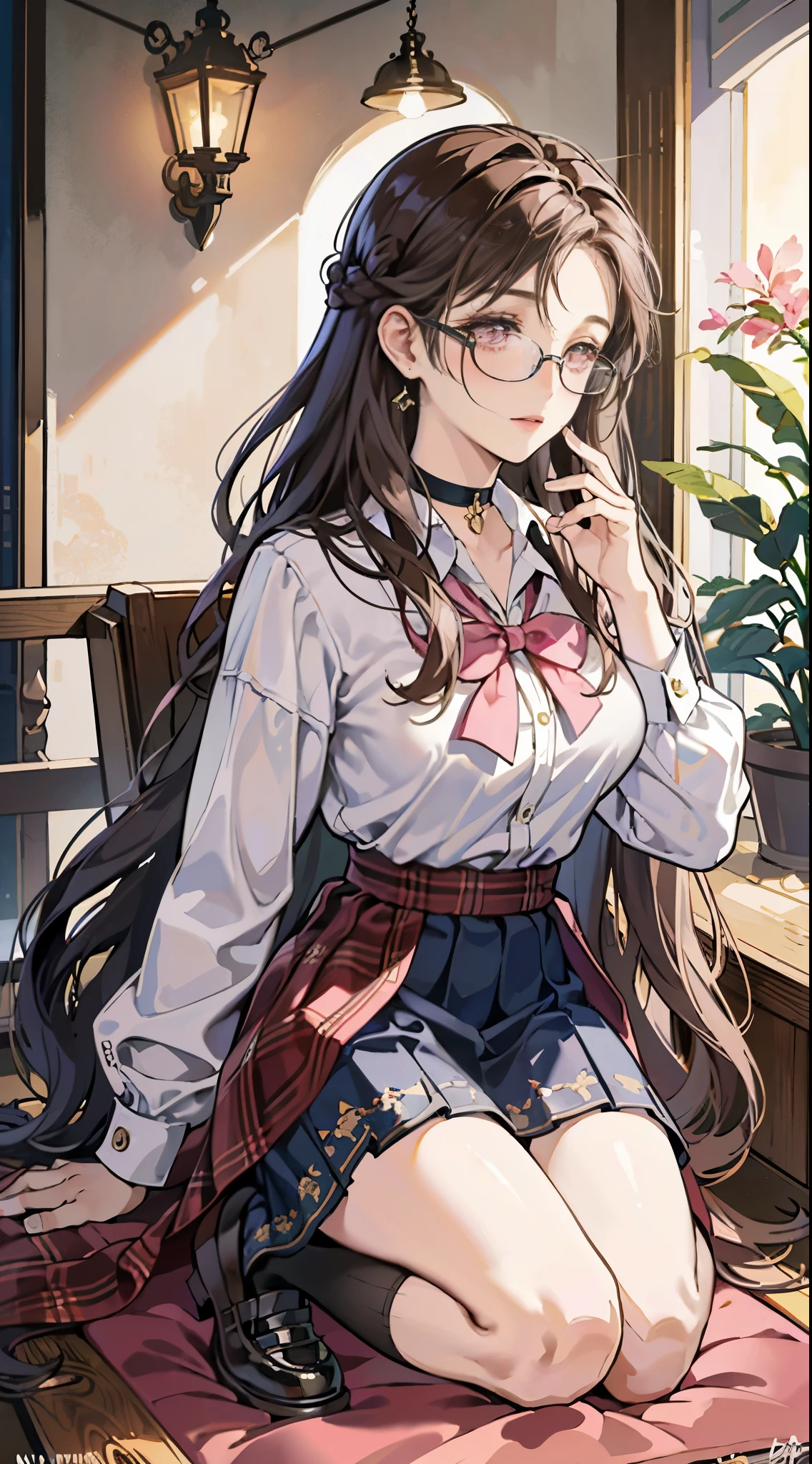 Beautiful italian woman, ((best quality)), ((masterpiece)), ( extreme detailed, highest detailed, official art, beautiful and aesthetic:1.2) school uniform, ((((skirt)))), choker, big breast, medium body potrait, thighhighs socks, school shoes, absurdly long hair, hair between eyes, light brown hair, pink eyes, (((glasses))),