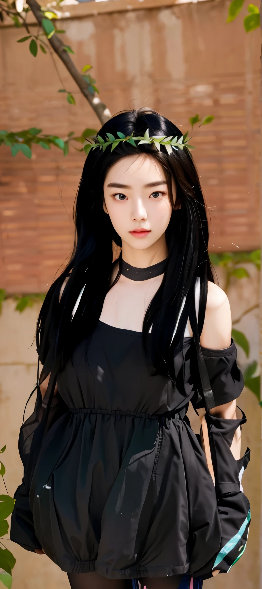 Real life adaption of this character, teen Korean beauty face, (wear realistic same outfit),wear realistic same hair,There is a headband made from green twigs, realistic background,realistic light, realistic shadow, realism, hyper realistic,(photorealistic 1:2),