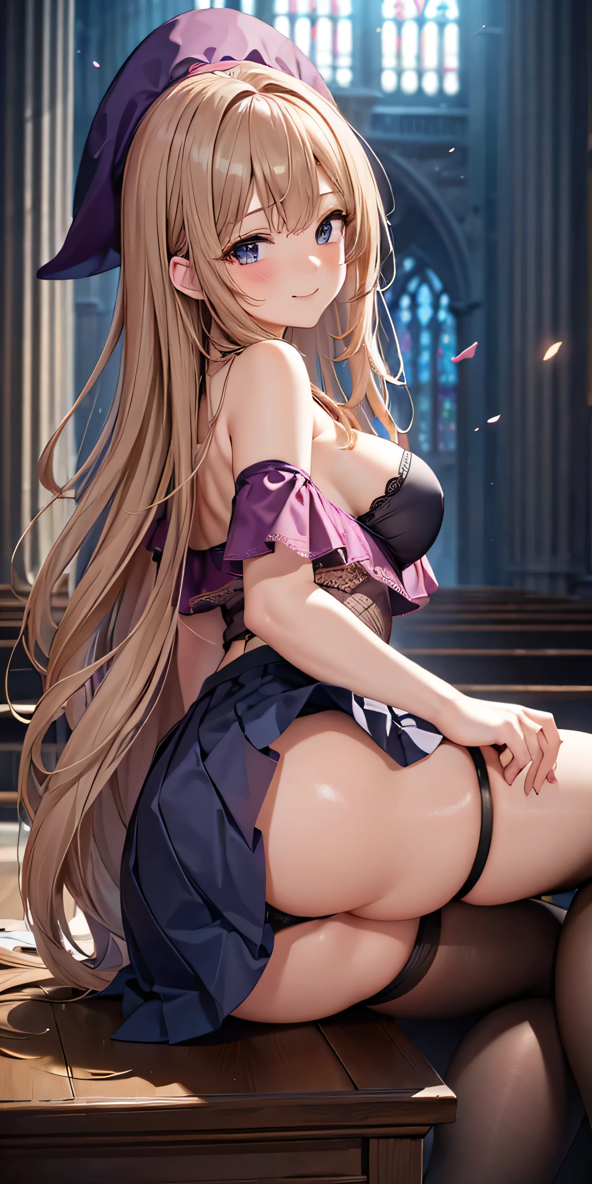 debris flies, highest quality, Highly detailed CG Unity 8K wallpaper, sexy witch , long dark blonde wavy hair、off shoulder knit, dark blue pleated skirt, stockings、medium breasts, saggy breasts, Pose that emphasizes the chest, blush, shy smile, bare shoulders, (pink lace panties、pink good、open your legs wide）、、nice magic book、Cathedral of the Church、Put your hand on the pillar and turn around、stick out your butt、、