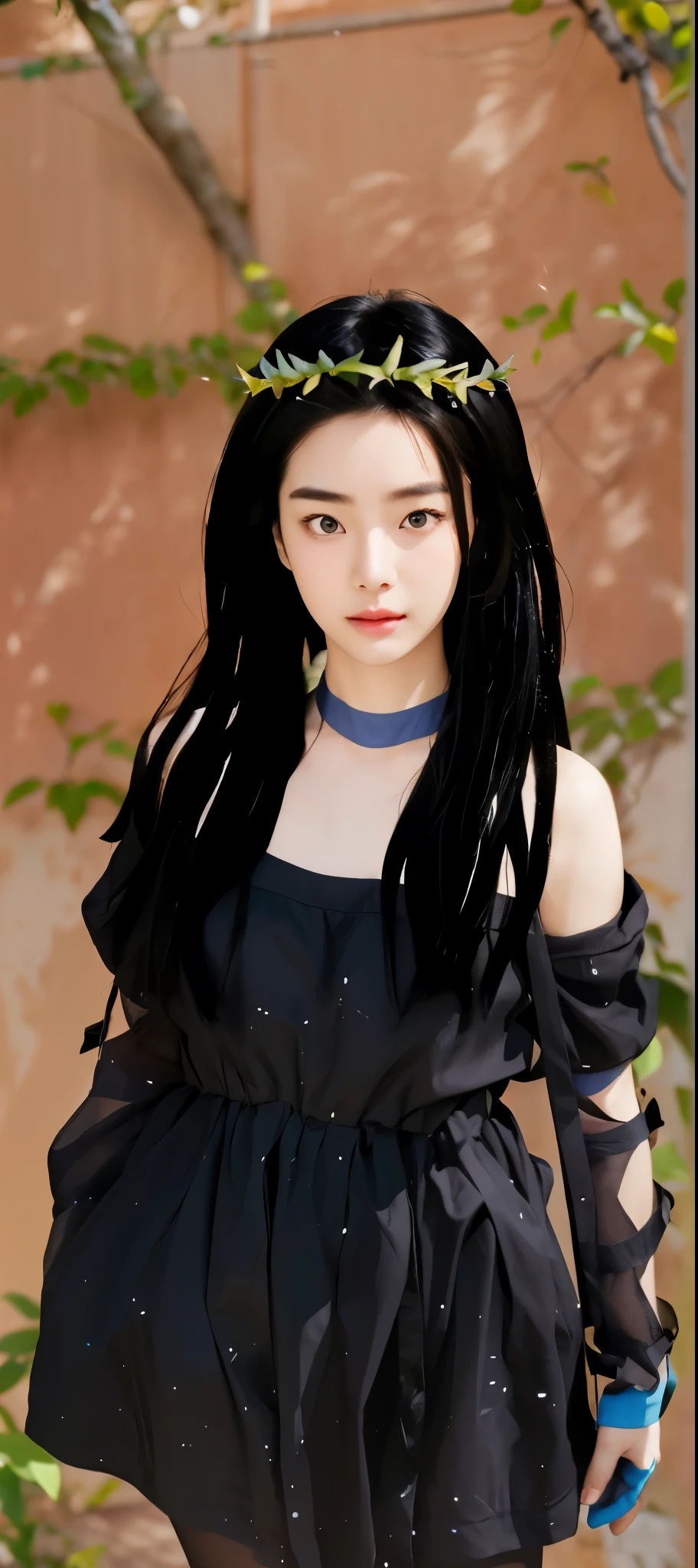 Real life adaption of this character, teen Korean beauty face, (wear realistic same outfit),wear realistic same hair,There is a headband made from green twigs, realistic background,realistic light, realistic shadow, realism, hyper realistic,(photorealistic 1:2),