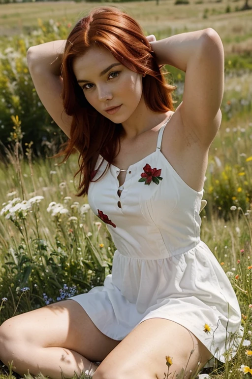 hot girl with red hair, that sits in a meadow and has a flower in her hair and is wearing a white dress