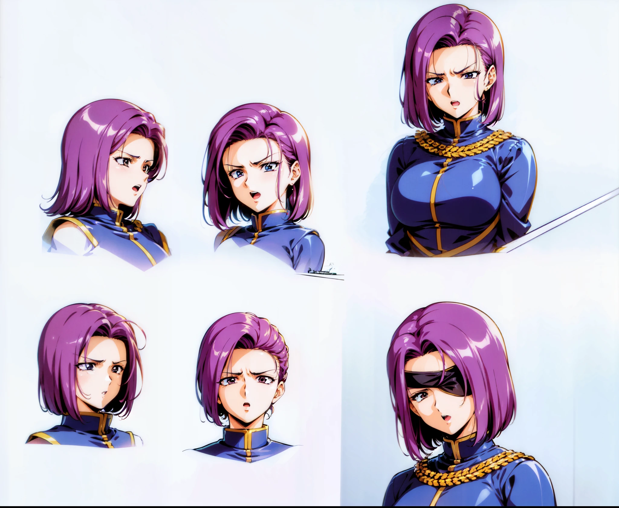 urushihara satoshi,,character sheet,character design,character concept,((same character)),1 character in multiple view,multiple view, highly detailed,flat color,best quality,elegant standing,masterpiece,,urushihara satoshi,1girl,,1980s \(style\), normal proportion,((masterpiece)),(((best quality))),DETAILED FACE, 1girl, solo,(((middle part hair))),purple hair,short hair,retro artstyle,,green crystal,best shadow,sillhouttes lighting,sword,upper body,(girl:1.3),(((urushisato))),,4k,sharp,eyepatch,buat dengan gaya 80s anime,buat rambutnya menutupi kuping,muka wanita dewasa,buat dia seperti umur 25tahun,memegang pedang,memakai penutup mata,warm smile,mata yg indah,buat dengan ekspresi wajah yg berbeda beda,((buat muka nya sangat happy )),(((mature woman face)))(((happy))) ,(((open mouth))),