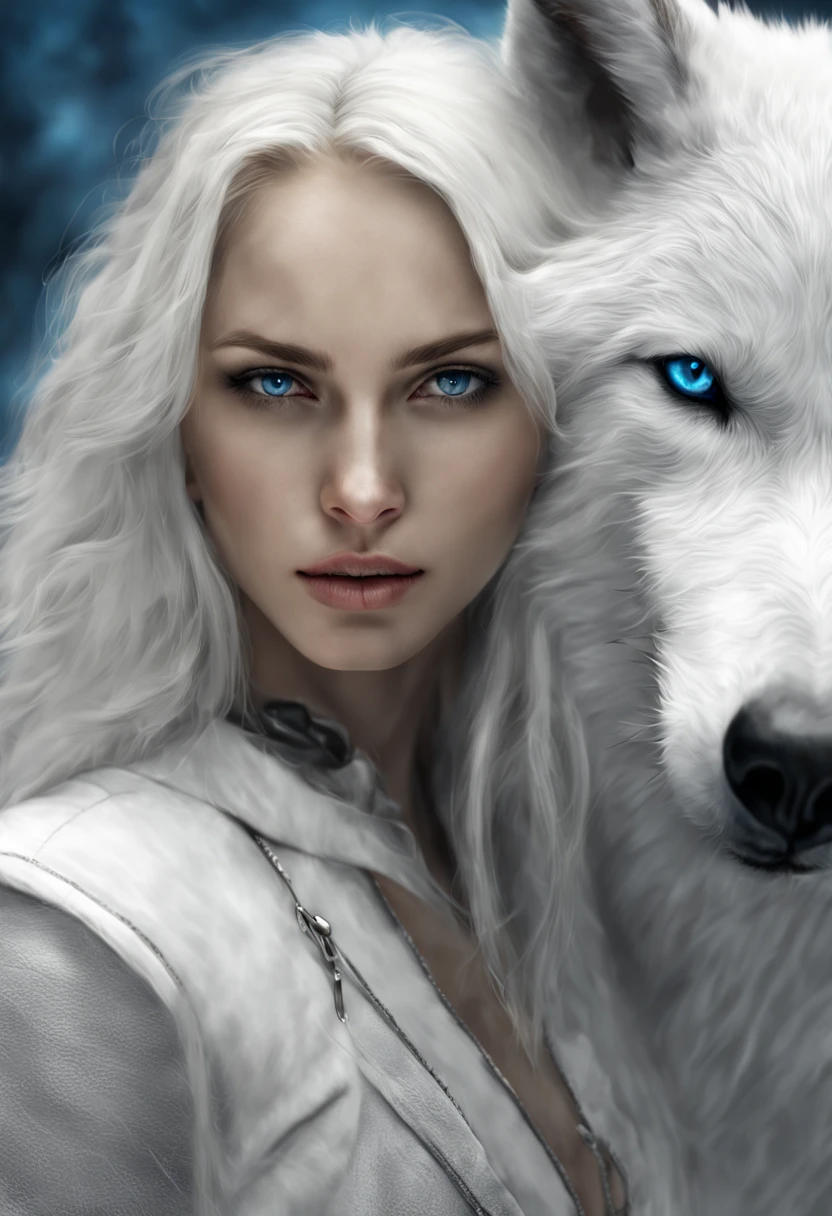 arafed photo of a woman with a white wolf, white wolf, wolfgirl, digital art. photo realistic, realistic digital art, a white wolf, female anthropomorphic wolf, photorealistic digital art, in style of wlop, fantasy wolf portrait, wolf like a human, realistic picture, photorealistic art style, white wolf with blue eyes