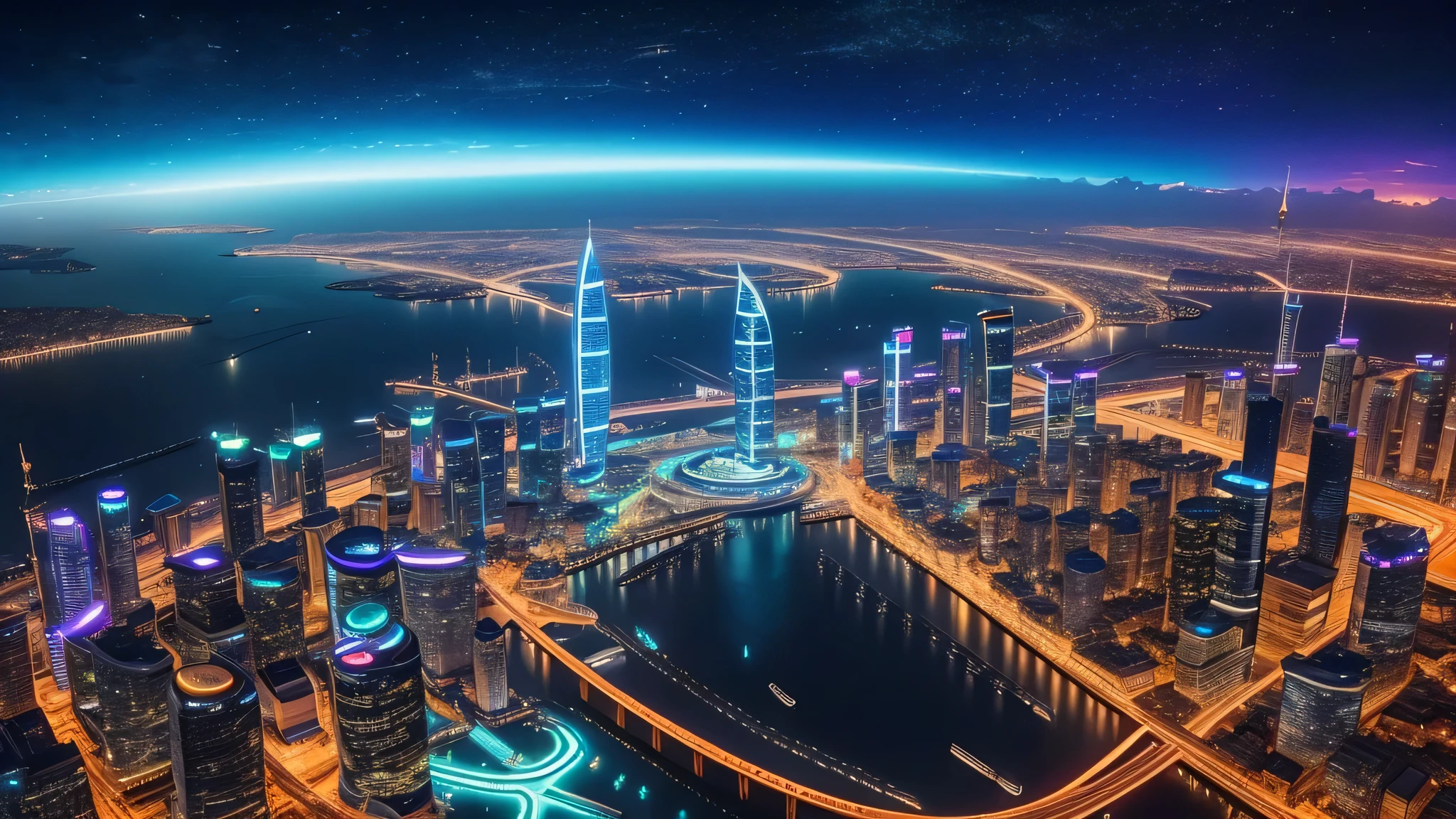 City night scene with circular structure in the middle, Spaceport of the future, photo of The city of the futurescape, Utopian cities of the future, in fantasy sci - fi city, futuristic alien city, The city of the futurescape, alien The city of the future, Istanbul the city of the future, otherwordly The city of the future, The city of the future scape, vista of The city of the future, The city of the future, spaceport city,A circular cyber city on the sea,A sense of future technology,center glowing,beautiful night,Neon light rendering