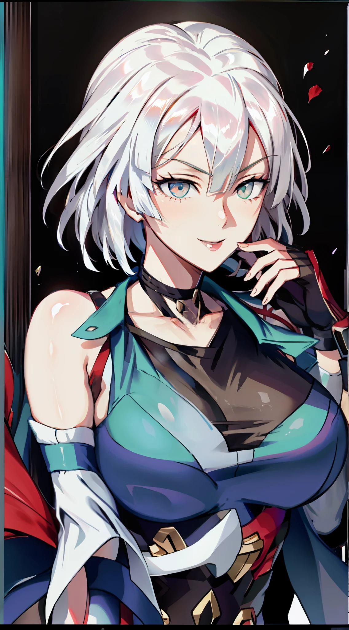 (original character with design composite of Fubuki Kafka Xueyi cammy white and Puuna hair and face), ((large breasts)), ((bare forehead)), (bangs), (side bangs), detached sleeves, casual dress, (white hair), white and red hair, 1girl, solo, upper body, facing viewer, looking at viewer, smile, pleasant smile, see-through,