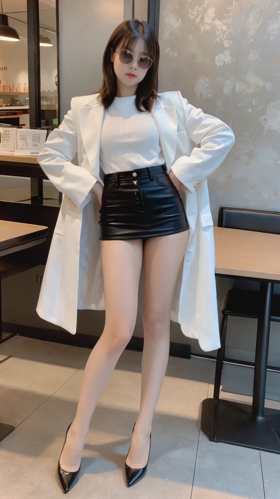 table top, highest quality, figure, super detailed, finely, High resolution, 8k wallpaper, 完璧なダイナミックな構figure, beautiful and fine eyes, woman's fashion fluffy winter clothes,Wearing sunglasses,medium hair,small breasts natural color lip, bold sexy pose、20 year old girl、cute、sexy shot looking at camera,RAW photo,anatomically correct body,blur the background,perfect and beautiful face,KPOP idol face,Slim face and body、Wearing a black miniskirt,Wearing black high heels,sitting in a chair,