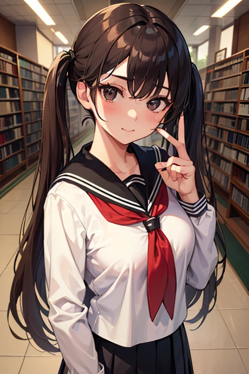 ​masterpiece、top-quality、hight resolution、profetional lighting、anime styled、Details of the face and clothes、Single-color background 、1womanl、Upper body shot from the front、((Beautiful shy student in the library standing in front of you))、(Age is about 25 years old :1.5)、(Mature face and body)、Turn your face and look straight ahead、(Breasts are big、clothing is a short skirt and hot school uniform)、(Black eyes、Brown hair、Cropped bangs、 Long low twintail :1.2)、Good Smile