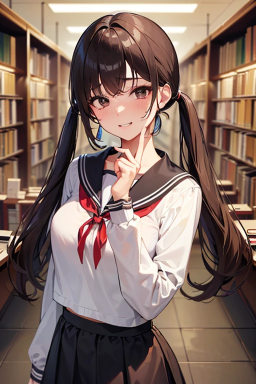 ​masterpiece、top-quality、hight resolution、profetional lighting、anime styled、Details of the face and clothes、Single-color background 、1womanl、Upper body shot from the front、((Beautiful shy student in the library standing in front of you))、(Age is about 25 years old :1.5)、(Mature face and body)、Turn your face and look straight ahead、(Breasts are big、clothing is a short skirt and hot school uniform)、(Black eyes、Brown hair、Cropped bangs、 Long low twintail :1.2)、Good Smile