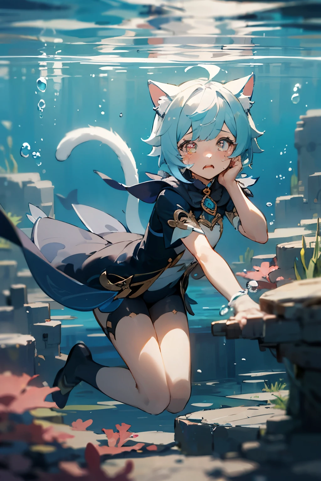 Masterpiece, best quality, 1girl, furina, genshin impact, white hair, blue hair, cute, teae shaped pupils, cat ears, cat tail, sad, cry, underwater, bubbles, sea, submerged, abandoned city