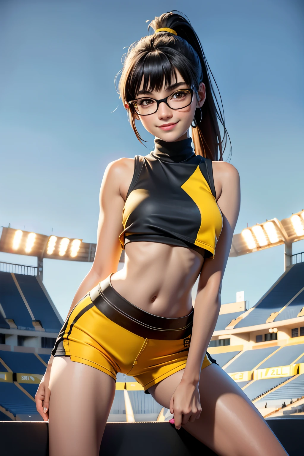 beautiful girl runner, , Prepare to practice running, Lean over to tie your shoelaces, black hair, Ponytail, Bangs, Smile a little, Wear glasses, ((Wear a sleeveless sports bar, turtleneck, black and yellow shorts, (underboob))), The stomach has sexy lines, yellow running shoes, in the stadium stands, blue sky, anime, high resolution