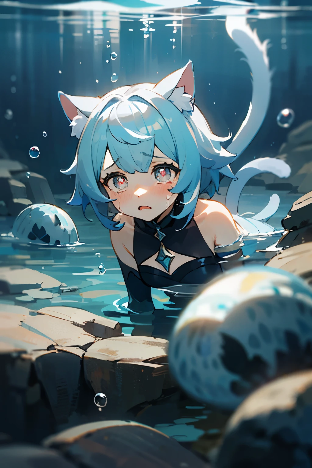Masterpiece, best quality, 1girl, furina, genshin impact, white hair, blue hair, cute, teae shaped pupils, cat ears, cat tail, sad, cry, underwater, bubbles, sea, submerged, abandoned city
