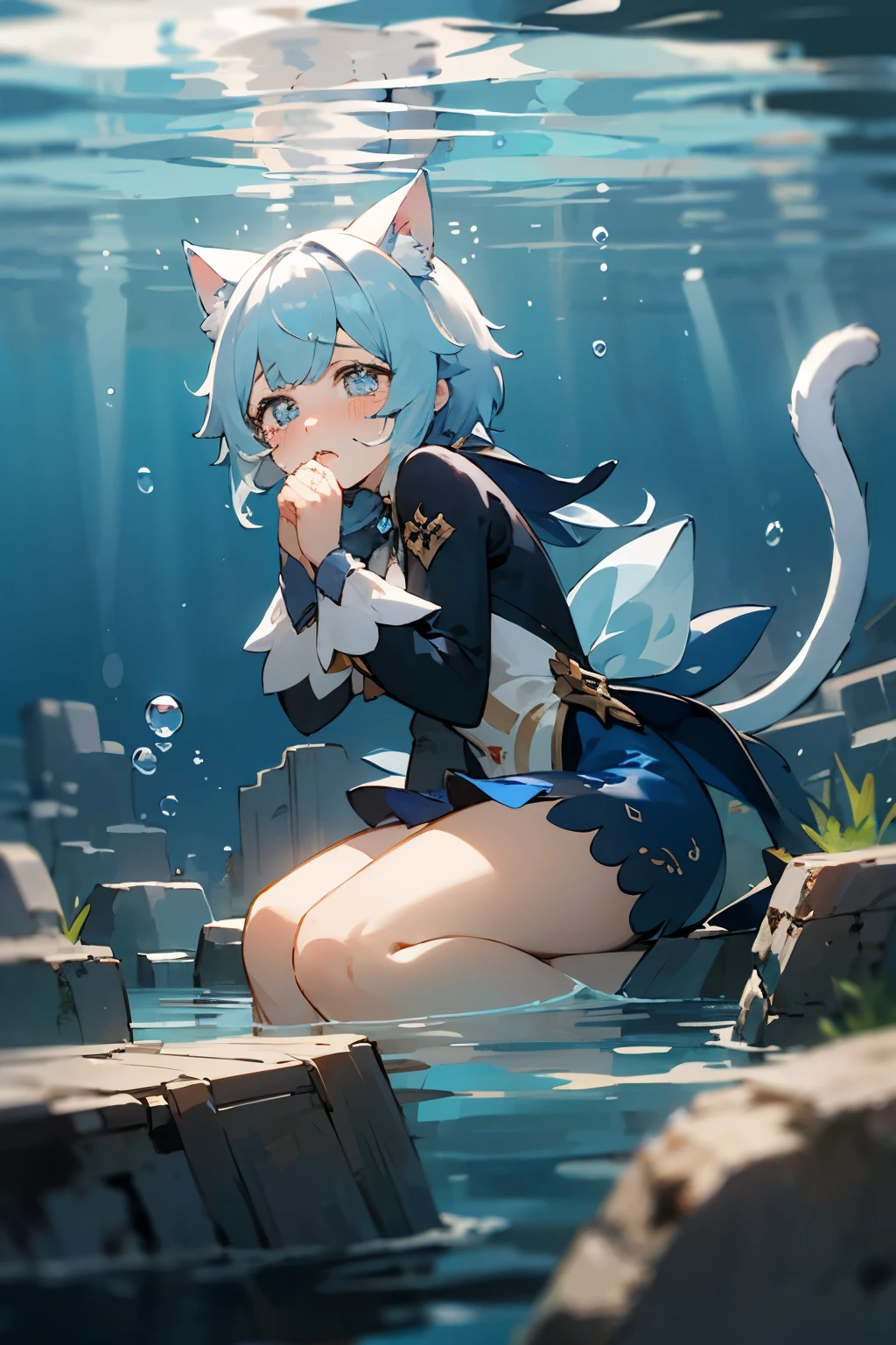 Masterpiece, best quality, 1girl, furina, genshin impact, white hair, blue hair, cute, teae shaped pupils, cat ears, cat tail, sad, cry, underwater, bubbles, sea, submerged, abandoned city