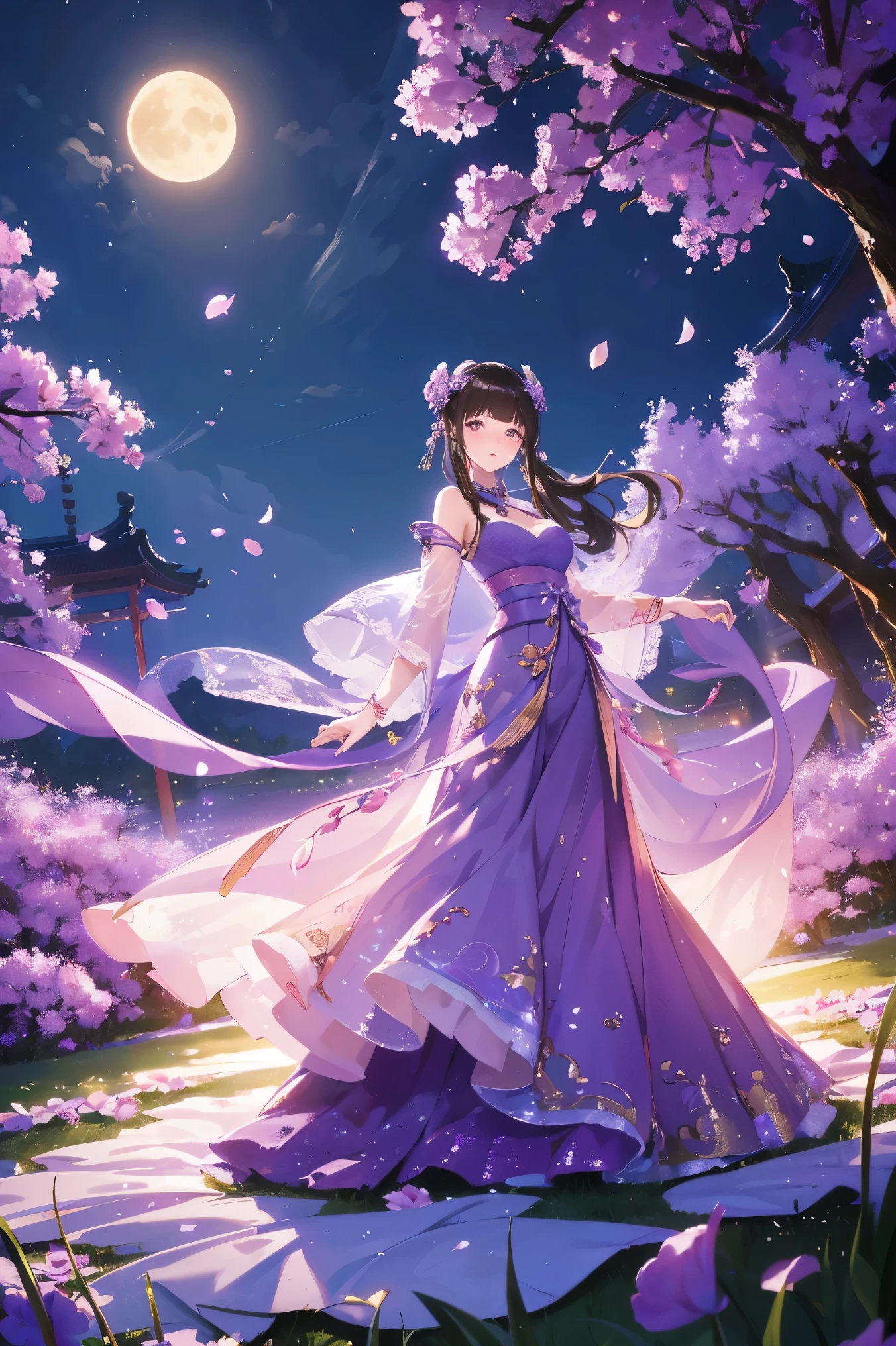 (Best quality,A high resolution,Clear image:1.2),Ultra-detailed background,Beautiful woman,standing on your feet，Purple dress，Chinese style clothes,Delicate petals,Garden scene,Under the moonlight,Romantic atmosphere,Dutch Angle Shot,Soft lighting,shelmet