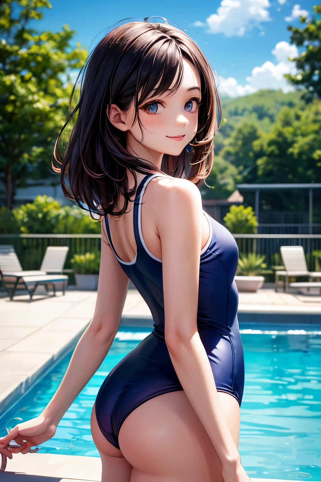 very cute and beautiful girl,(highly detailed beautiful face and eyes:1.2),blue school swimsuit,
standing,(from behind,looking back),leaning forward,pool side,tiny colorful flowers,
(smile),black hair,cowboy shot,looking at viewer,
(best quality,masterpiece:1.2),absurdres,highres,ultra-detailed,extremely detailed,32k,
cinematic scene,detailed background,solo,dynamic angle,
hair fluttering in the wind,beautiful detailed sky,