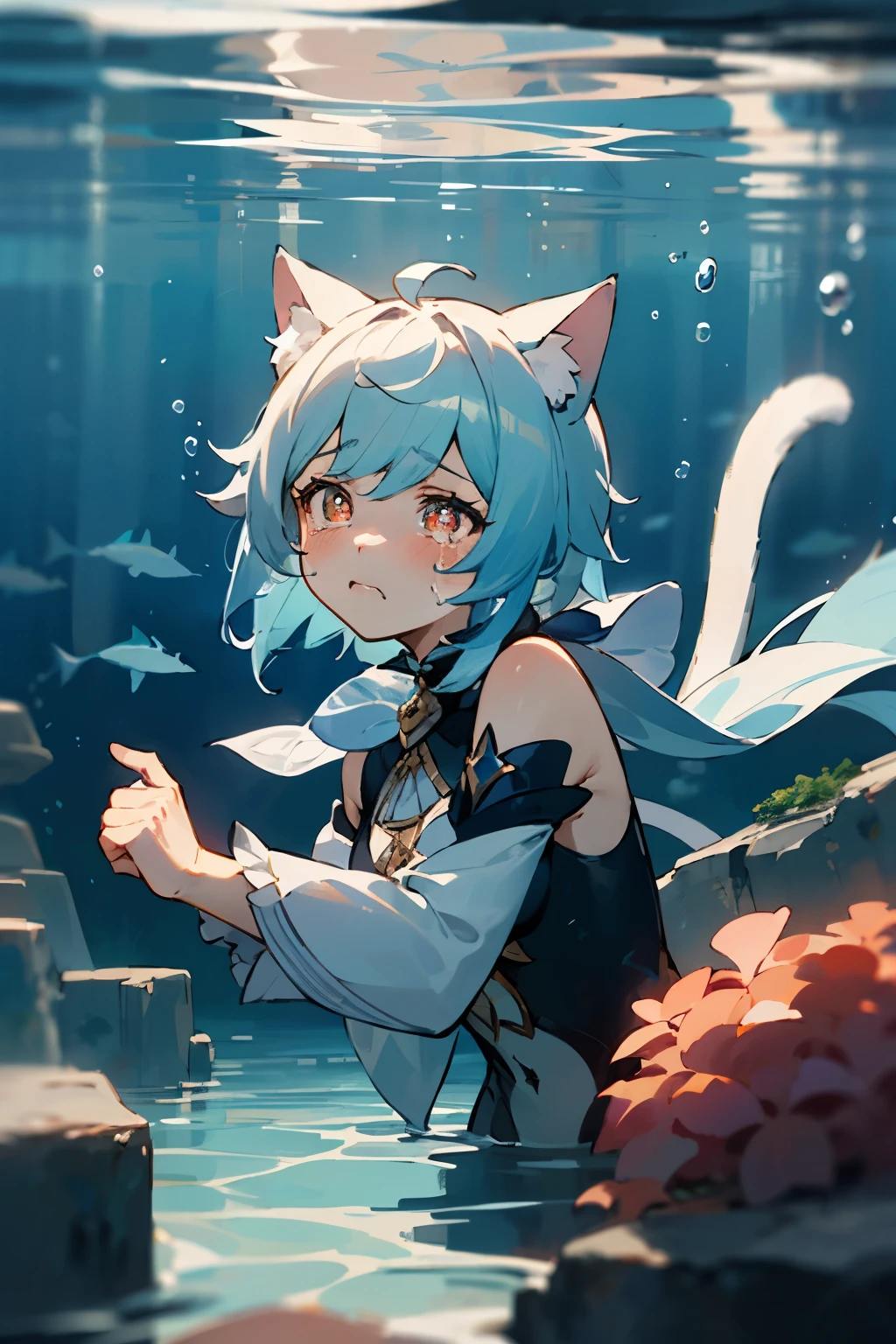 Masterpiece, best quality, 1girl, furina, genshin impact, white hair, blue hair, cute, teae shaped pupils, cat ears, cat tail, sad, cry, underwater, bubbles, sea, submerged, abandoned city