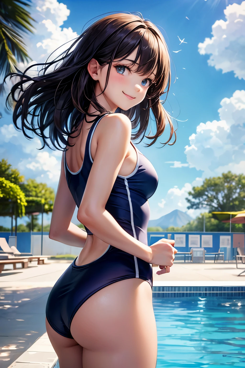 very cute and beautiful girl,(highly detailed beautiful face and eyes:1.2),blue school swimsuit,
standing,(from behind,looking back),leaning forward,pool side,tiny colorful flowers,
(smile),black hair,cowboy shot,looking at viewer,
(best quality,masterpiece:1.2),absurdres,highres,ultra-detailed,extremely detailed,32k,
cinematic scene,detailed background,solo,dynamic angle,
hair fluttering in the wind,beautiful detailed sky,