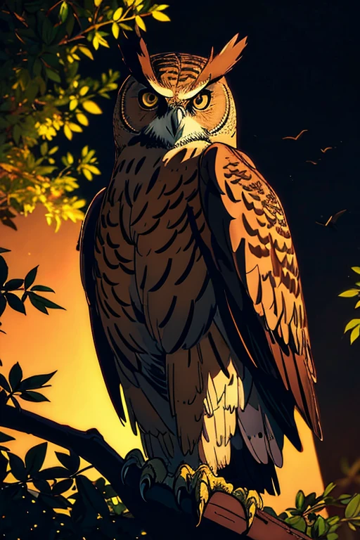 Eurasian eagle owl,brown eyes,bird of prey,sitting on a branch,nighttime,peaceful atmosphere,mappa art style,majestic,beautiful feathers,intense gaze,proud posture,imposing silhouette,sharp talons,feathery details,lush foliage surrounding the owl,dimly lit scene,dark color palette,dreamy ambiance,mystical aura,majestic creature